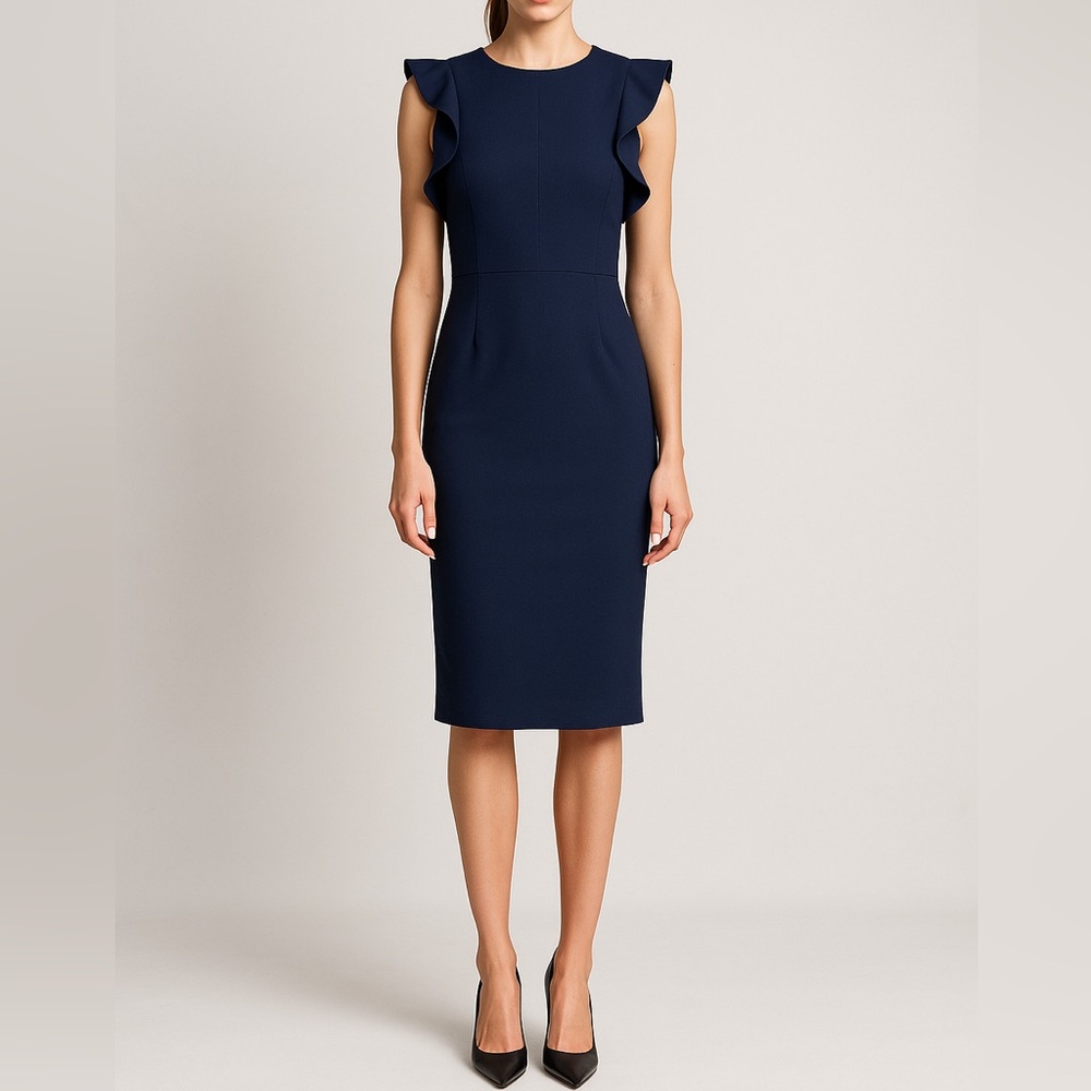 J.Crew Navy Ruffle Sleeve Sheath Dress Gold Zip Back
